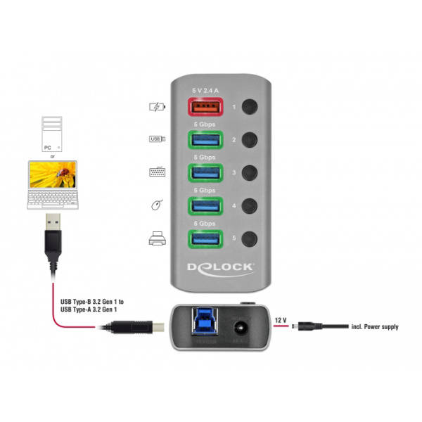 Alternative view of DELOCK USB hub 63262 με διακόπτες, 5x θυρών, 5Gbps, 2.4A, γκρι