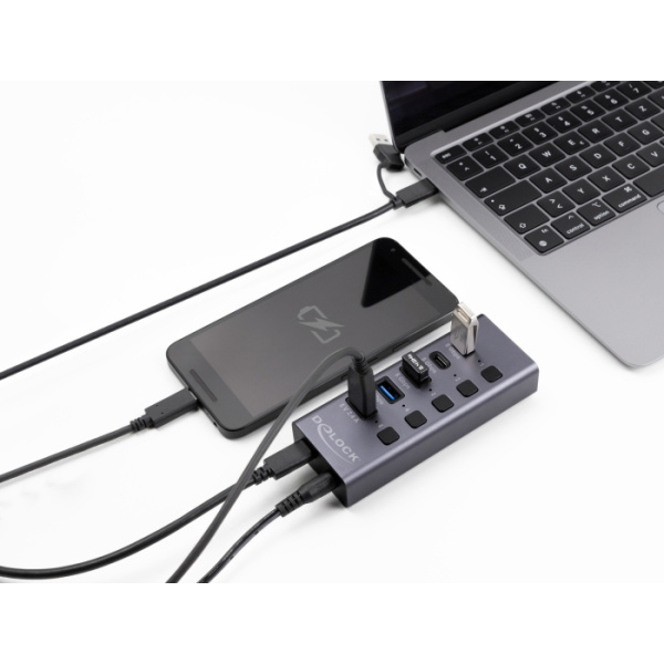 Alternative view of DELOCK USB hub 64248 με διακόπτες, 5x θυρών, 5Gbps, USB/USB-C σύνδεση, γκρι