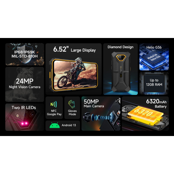 Alternative view of ULEFONE smartphone Armor X13, 6.52", 6/64GB, 6320mAh, IP68/IP69K, μαύρο