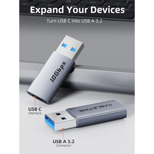 Alternative view of CABLETIME αντάπτορας USB-C σε USB CT-AMCF10-AG, 10Gbps, 3A, γκρι