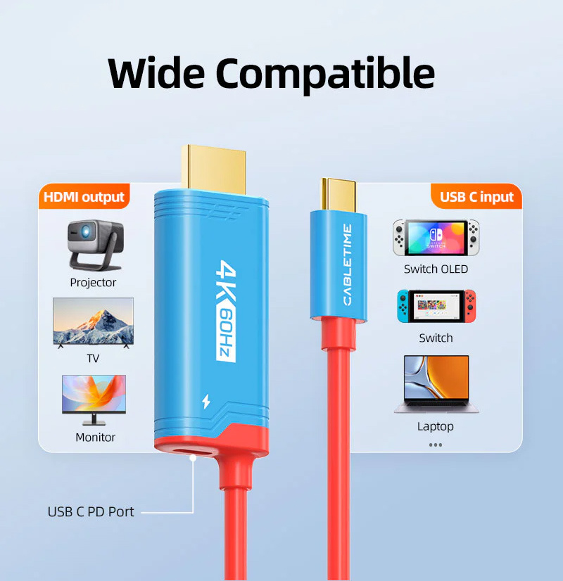 CABLETIME καλώδιο USB-C σε HDMI CT-CMHD4P, 4K/60Hz, PD100W, 2m, κόκκινο - Image 4