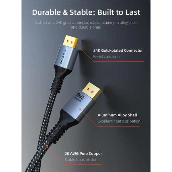 Alternative view of CABLETIME καλώδιο DisplayPort 2.1 CT-DP16K, VESA Certified, 16K/60Hz, 80 Gbps, 2m, μαύρο