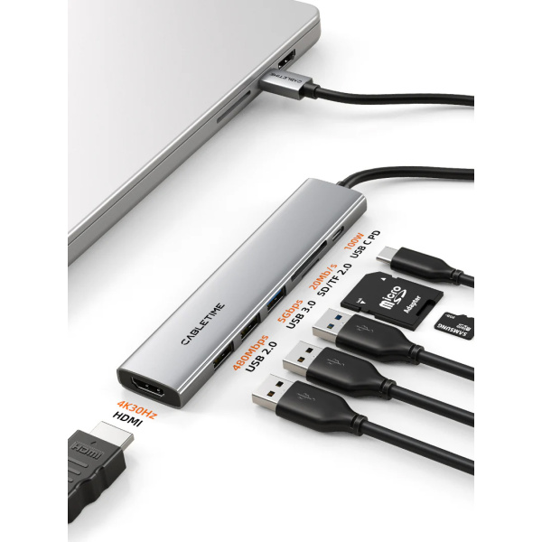 Alternative view of CABLETIME docking station CT-HBP2-AG7, 7 θυρών, USB-C, 4K, 100W, γκρι