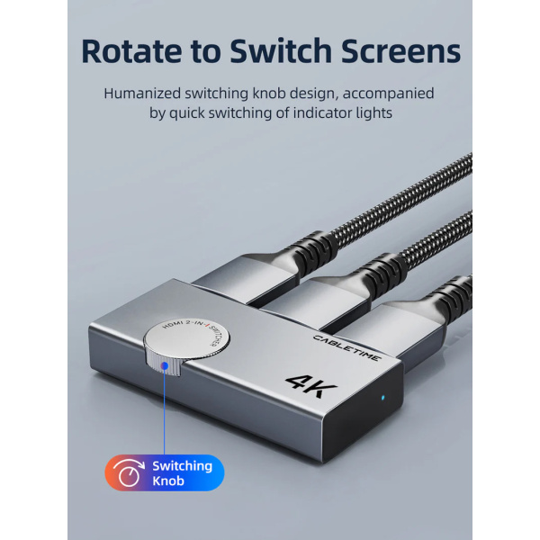 Alternative view of CABLETIME HDMI switch CT-HS4K2-AG, 2 σε 1, 4K/60Hz, bi-directional, γκρι