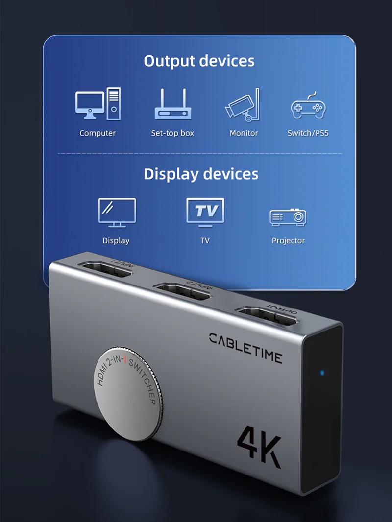 CABLETIME HDMI switch CT-HS4K2-AG, 2 σε 1, 4K/60Hz, bi-directional, γκρι - Image 4