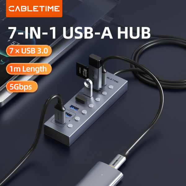 Alternative view of CABLETIME USB hub CT-HUBU7-AG, 7x θυρών, 5Gbps, USB σύνδεση, 1m, γκρι