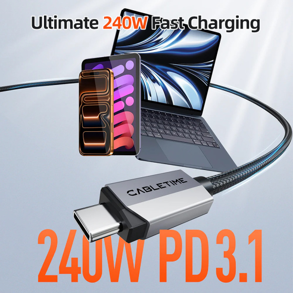 Alternative view of CABLETIME καλώδιο USB-C CT-USB4V2, USB4, 240W, 80Gbps, 8K/60Hz, 1m, μαύρο