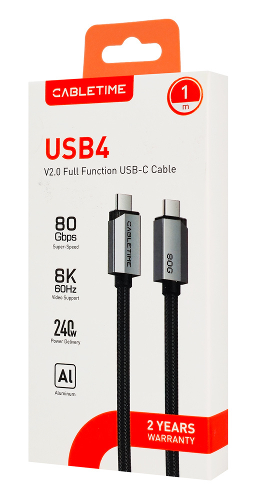 CABLETIME καλώδιο USB-C CT-USB4V2, USB4, 240W, 80Gbps, 8K/60Hz, 1m, μαύρο - Image 7