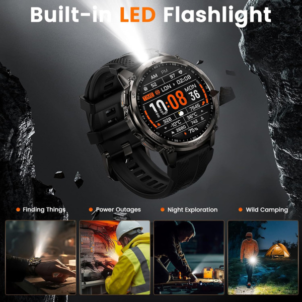 Alternative view of KOSPET smartwatch TANK T4C, heart rate, 1.5" AMOLED, GPS, 5 ATM & IP69K, με φακό, μαύρο
