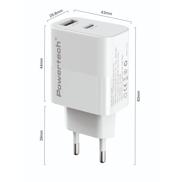 Alternative view of POWERTECH φορτιστής τοίχου PT-1635 με καλώδιο, USB/USB-C, 20W, λευκός