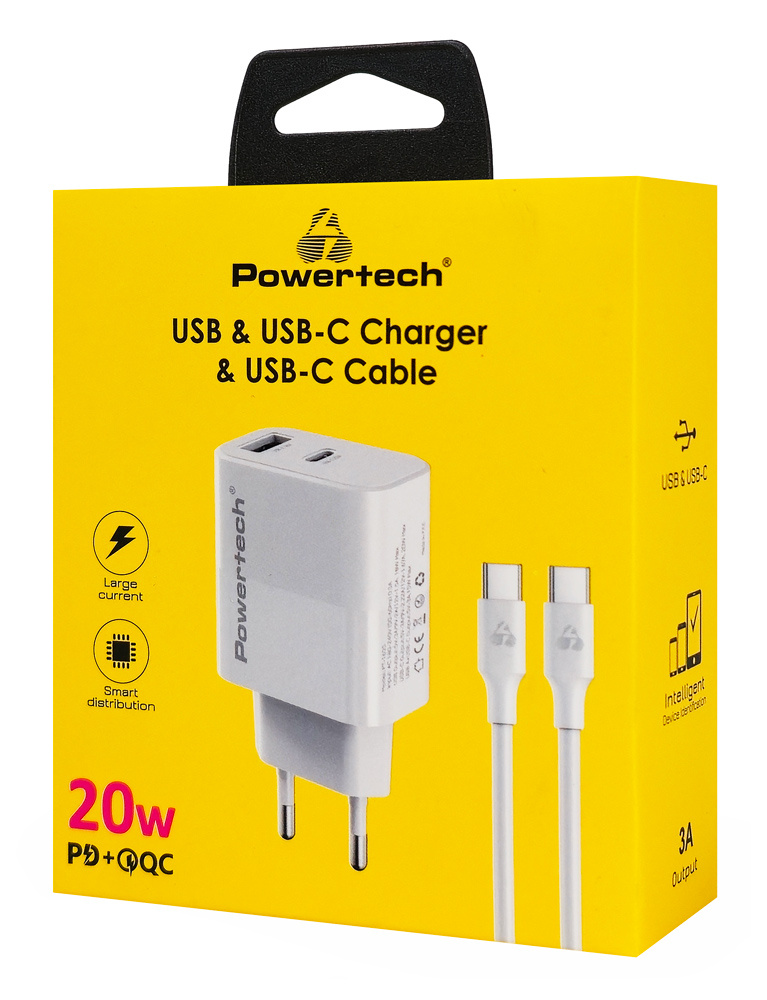 POWERTECH φορτιστής τοίχου PT-1635 με καλώδιο, USB/USB-C, 20W, λευκός - Image 3