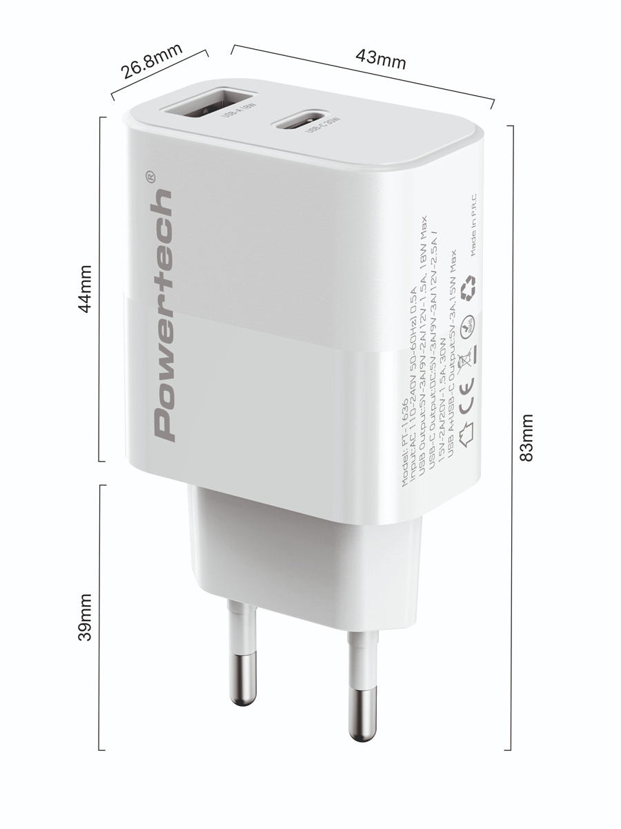 POWERTECH φορτιστής τοίχου PT-1636 με καλώδιο, USB/USB-C, 30W, GaN, λευκός - Image 2