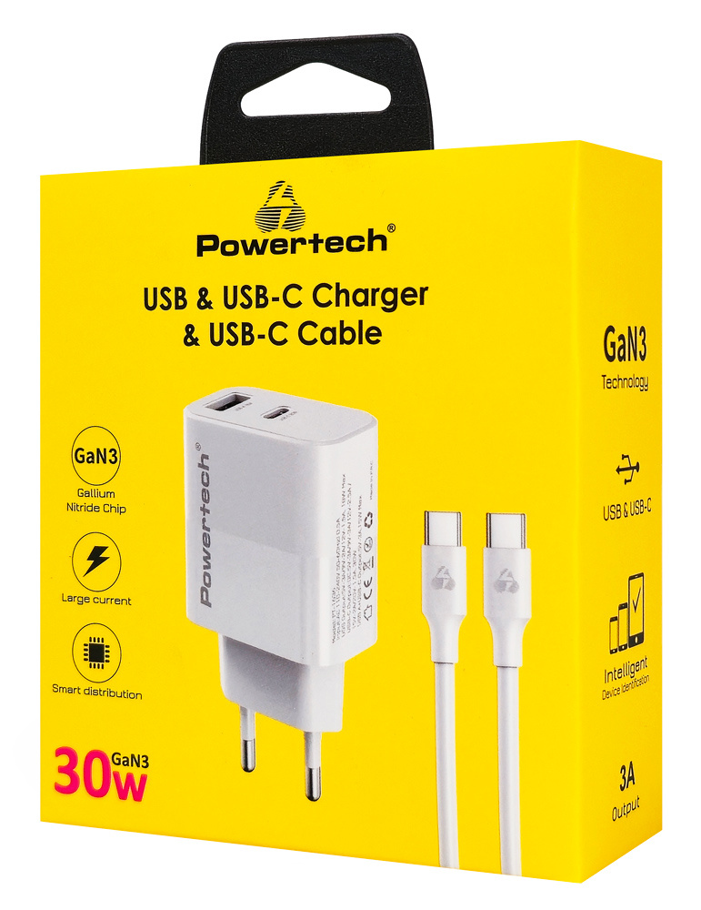 POWERTECH φορτιστής τοίχου PT-1636 με καλώδιο, USB/USB-C, 30W, GaN, λευκός - Image 3