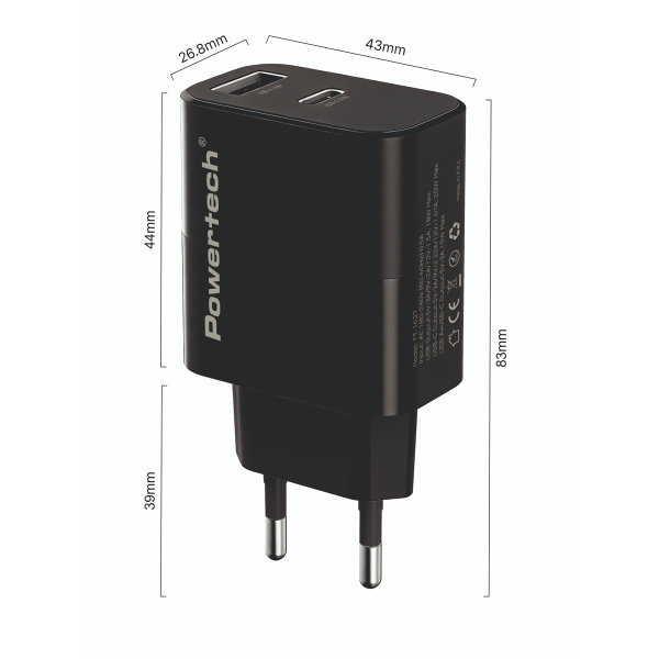 Alternative view of POWERTECH φορτιστής τοίχου PT-1637 με καλώδιο, USB/USB-C, 20W, μαύρος