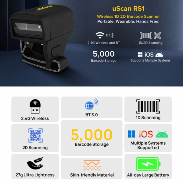 Alternative view of ULEFONE barcode scanner uScan RS1, ασύρματο 2.4G/Bluetooth, 1D/2D, μαύρο