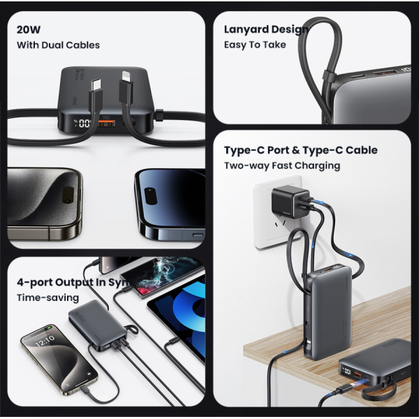 Alternative view of USAMS power bank CD228 με 2x καλώδια, 2x θύρες εξόδου, 10000mAh, 20W, γκρι