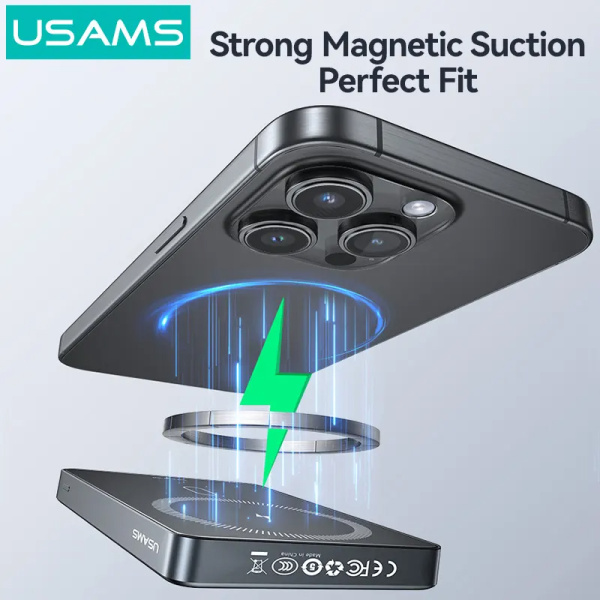 Alternative view of USAMS power bank CD242, magnetic wireless, USB-C έξοδος, 10000mAh, 20W, γκρι