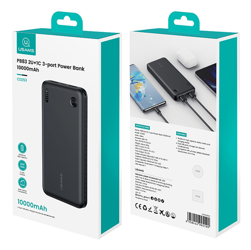 USAMS power bank CD253, 2x θύρες εξόδου, 10000mAh, 10W, μαύρο - Image 7