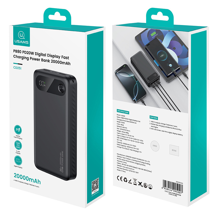 USAMS power bank CD251 με οθόνη, 3x θύρες εξόδου, 20000mAh, PD20W, μαύρο - Image 8
