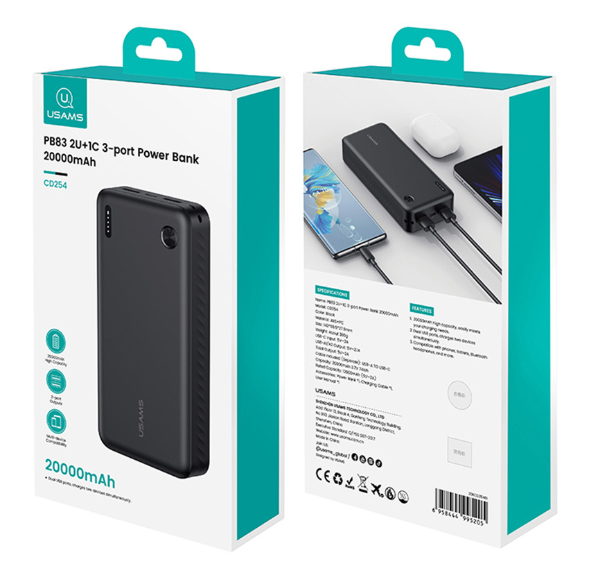 USAMS power bank CD254, 2x θύρες εξόδου, 20000mAh, 10W, μαύρο - Image 7