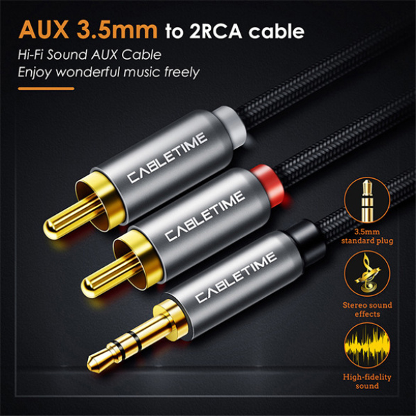Alternative view of CABLETIME καλώδιο ήχου 3.5mm σε 2x RCA CT-AV314-P12G, 5m, μαύρο