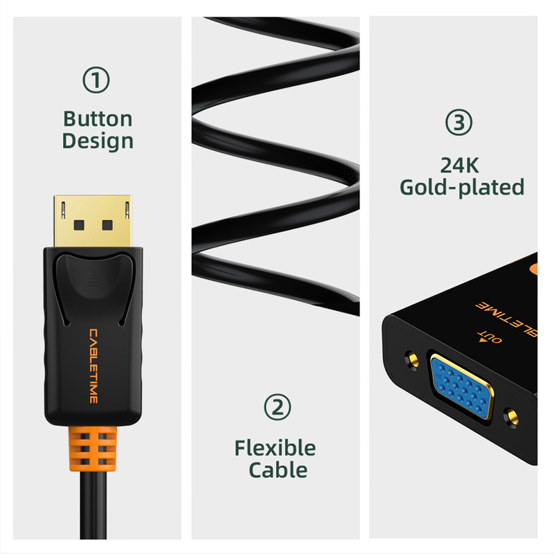 CABLETIME αντάπτορας DisplayPort σε VGA CT-AV586-03G, 1080p/60Hz, μαύρος - Image 3