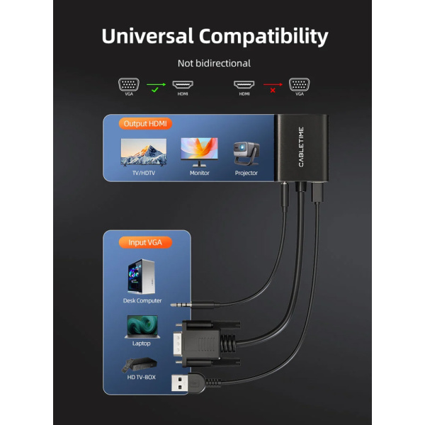 Alternative view of CABLETIME αντάπτορας VGA σε HDMI CT-AV582-VGAH με 3.5mm & micro USB, 1080p/60Hz, μαύρος
