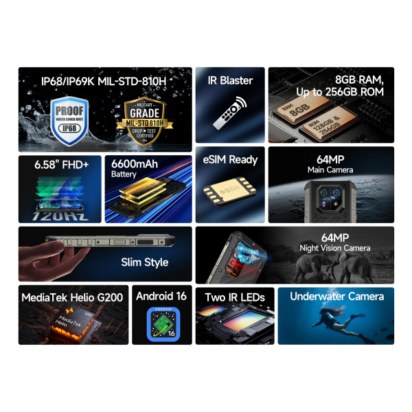 Alternative view of ULEFONE smartphone Armor 22 Pro, 6.58", 8/128GB, 6600mAh, IP68/IP69K/MIL-STD-810H, μαύρο