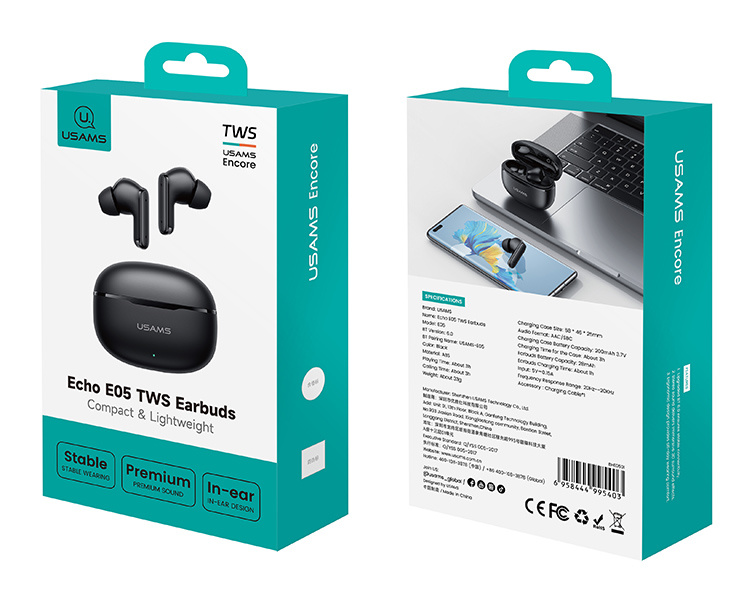 USAMS earphones με θήκη φόρτισης E05, True Wireless, BT 6.0, μαύρα - Image 8