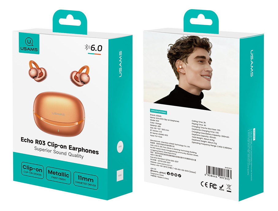 USAMS earphones με θήκη φόρτισης Echo R03, OWS, Φ11mm, 40/300mAh, πορτοκαλί - Image 8