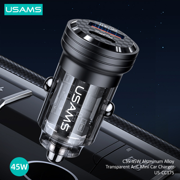 Alternative view of USAMS φορτιστής αυτοκινήτου US-CC175, USB & USB-C, 45W, QC & PD, μαύρος