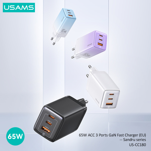 Alternative view of USAMS φορτιστής τοίχου US-CC180, USB & 2x USB-C, 65W PD, GaN, μαύρος