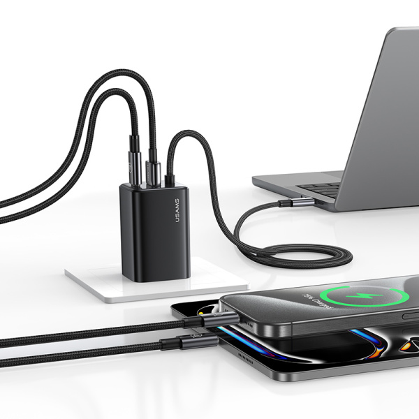 Alternative view of USAMS φορτιστής τοίχου CC266 με καλώδιο, USB & USB-C, 65W, GaN, μαύρος