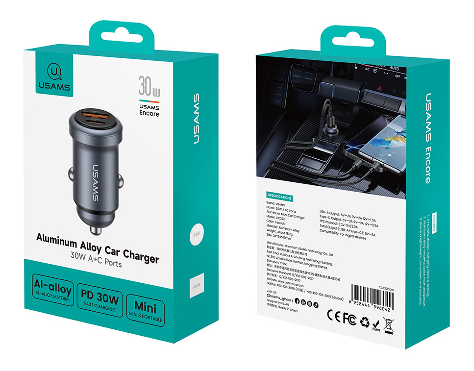 USAMS φορτιστής αυτοκινήτου CC322, USB & USB-C, 30W, γκρι - Image 7