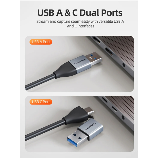 Alternative view of CABLETIME video capture CT-ACHC3-AG, HDMI/USB & USB-C, 4K/30Hz, γκρι