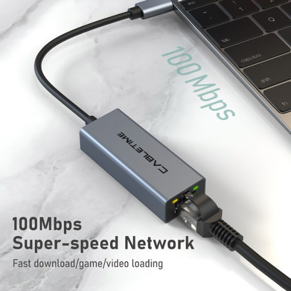 Alternative view of CABLETIME αντάπτορας δικτύου CT-CML100-AG, USB-C, 100Mbps Ethernet, γκρι