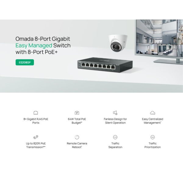 Alternative view of TP-LINK easy managed switch ES208GP, 8x Gigabit θύρες, PoE+, V1.0
