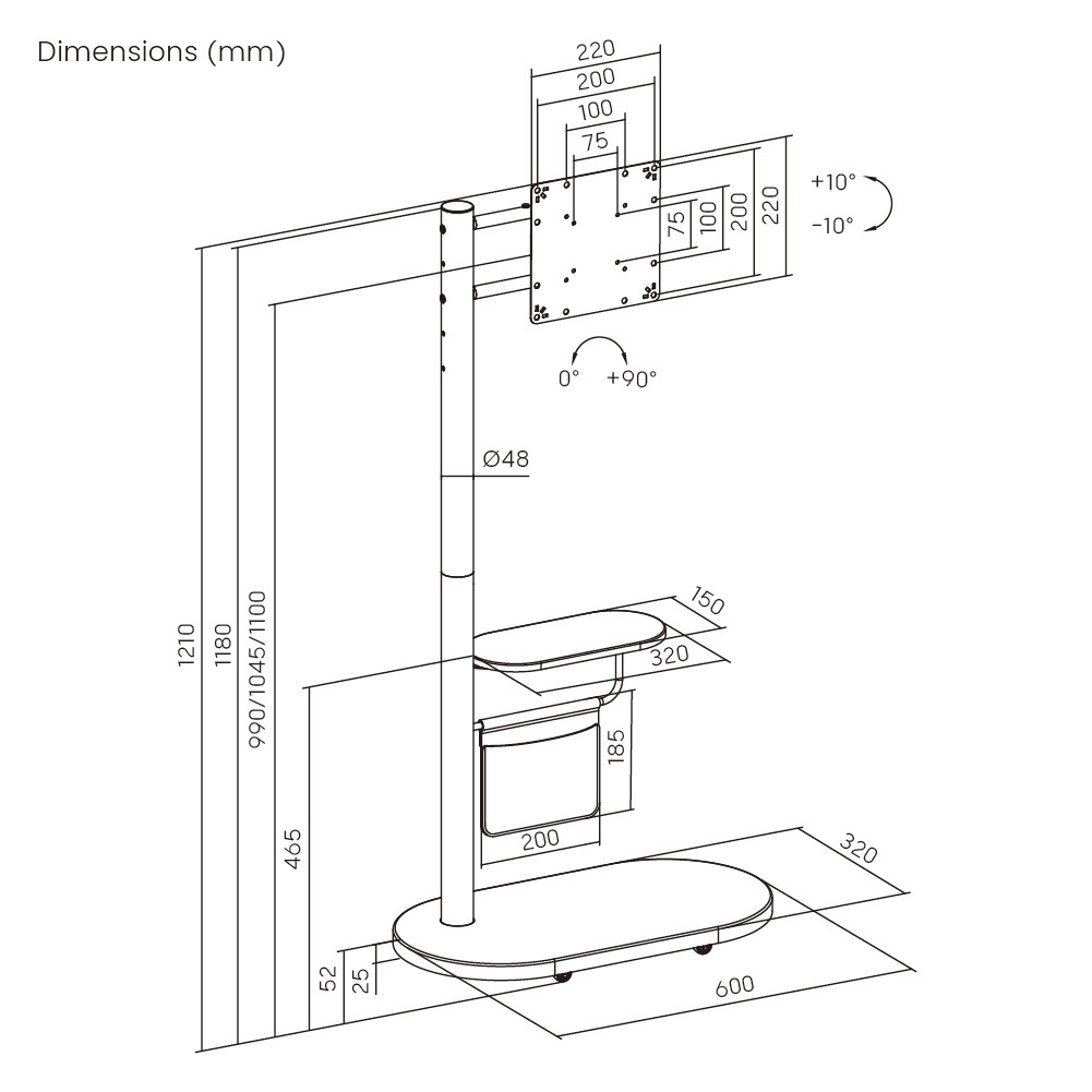 BRATECK βάση τηλεόρασης δαπέδου FS54-22T-02W, 17-43", έως 15kg, με ράφι & ροδάκια, λευκή - Image 7