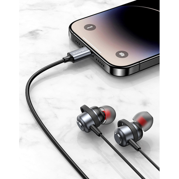 Alternative view of USAMS earphones με μικρόφωνο US-SJ758, USB-C σύνδεση, μεταλλικά, 1.2m, γκρι
