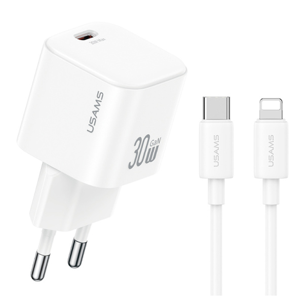 USAMS φορτιστής τοίχου CC262 με καλώδιο Lightning, 30W, GaN, λευκός