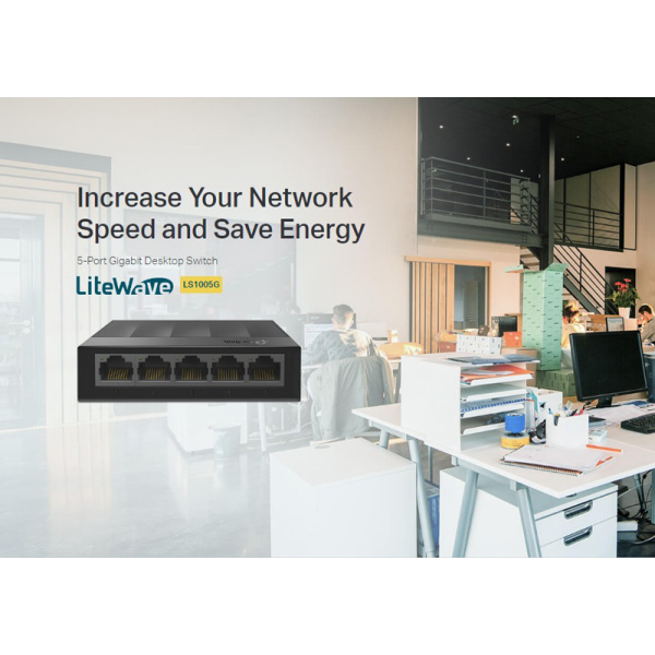Alternative view of TP-LINK desktop switch LiteWave LS1005G, 5-port 10/100/1000Mbps, Ver 5.40
