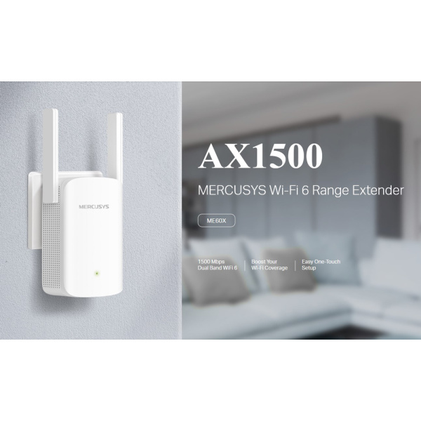 Alternative view of MERCUSYS range extender ME60X, WiFi 6, 1500Mbps AX1500, Ver. 1.0
