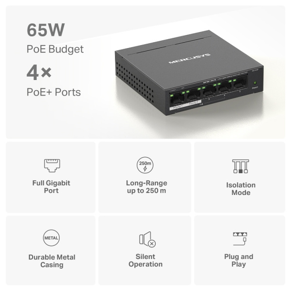 Alternative view of MERCUSYS Desktop Switch MS105GP, 5x 10/100/1000 Mbps, PoE+, V.3.0