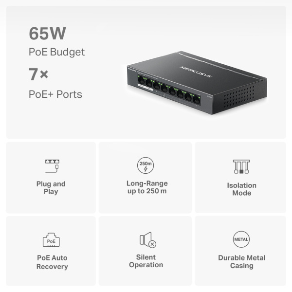 Alternative view of MERCUSYS Desktop Switch MS108GP, 8x 10/100/1000 Mbps, PoE+, V.1.20