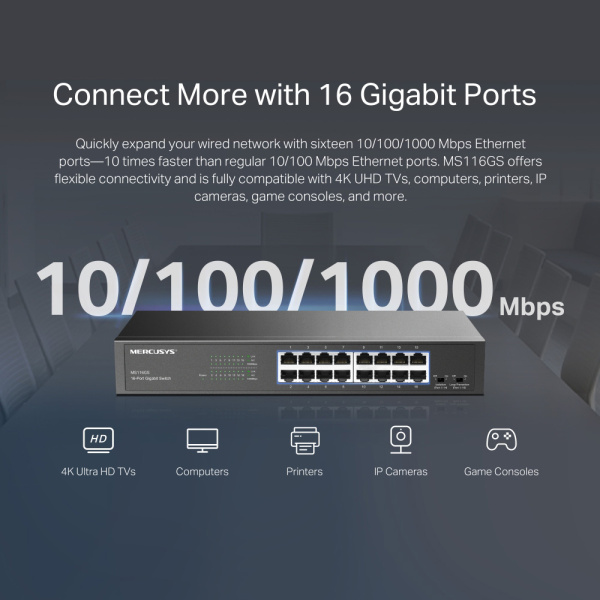 Alternative view of MERCUSYS desktop/rackmount switch MS116GS, 16x Gigabit θύρες, V1.0