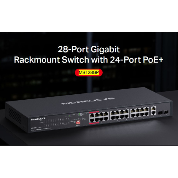 Alternative view of MERCUSYS rackmount switch MS128GP, 28x Gigabit θύρες, PoE+, V1.0