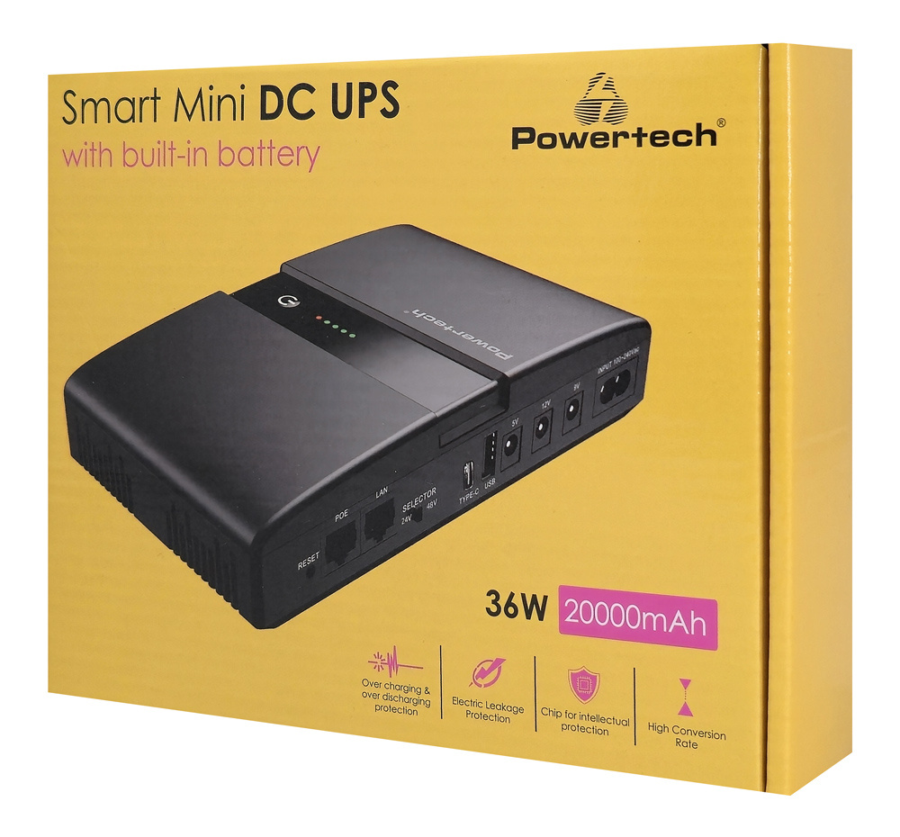 POWERTECH mini DC UPS PT-1634, 36W, 20000mAh, 3x DC, USB/USB-C, PoE/LAN, μαύρο - Image 5
