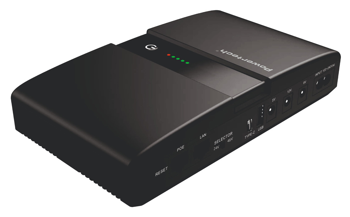 POWERTECH mini DC UPS PT-1634, 36W, 20000mAh, 3x DC, USB/USB-C, PoE/LAN, μαύρο