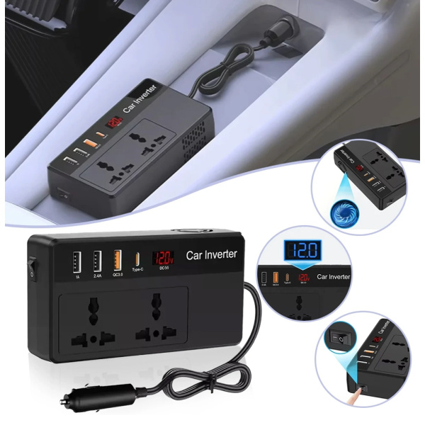Alternative view of POWERTECH inverter αυτοκινήτου PTL-023, 200W, 12V DC σε 220V AC, με USB-C/3x USB