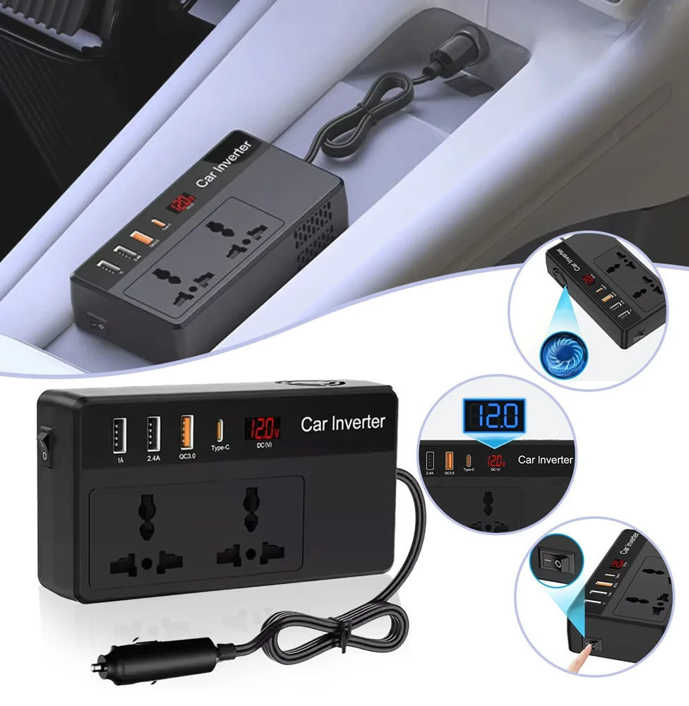 POWERTECH inverter αυτοκινήτου PTL-023, 200W, 12V DC σε 220V AC, με USB-C/3x USB - Image 2